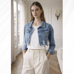 🦋 LF CARMAR Crop Denim Distressed Jean Jacket Small